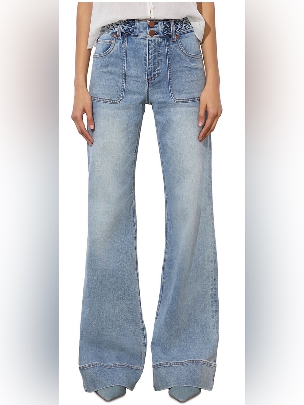 Alice + Olivia Anabell Blue High-Rise Braided Waistband Wide-Leg Jeans